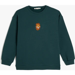 Uzun Kollu Bisiklet Yaka Aslan Işlemeli Şardonlu Pamuklu Sweatshirt