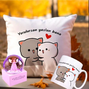 Yorulursan Yaslan Bana Puf Yastık & Kupa & Meleğim Işıklı Kar Küresi