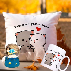 Yorulursan Yaslan Bana Puf Yastık & Satürn Kız Kar Küresi Hediye