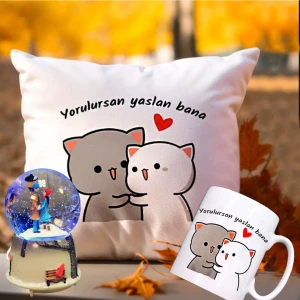 Yorulursan Yaslan Bana Puf Yastık & Kupa & Sokak Lambası Işıklı Kar Küresi