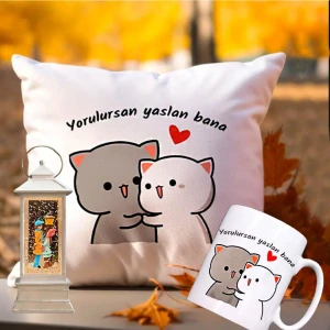 Yorulursan Yaslan Bana Puf Yastık & Kupa & Sokak Lambası Romantik Aşıklar Işıklı Kule Kar Küresi