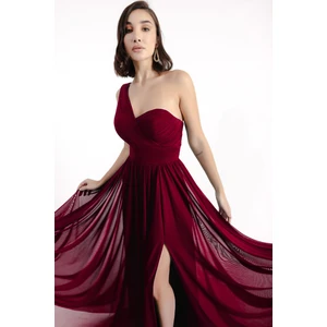 Kadın Bordo Tek Omuz Yırtmaçlı Uzun Abiye Elbise