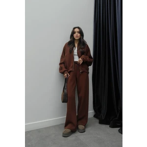 Kahverengi Önü Dikiş Detaylı Pantolon Sweat Takım