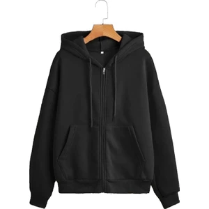 Kapüşonlu Fermuarlı Oversize Mevsimlik Siyah Hırka / Sweatshirt