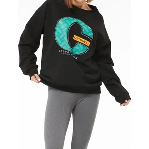 Tex Republic Kadın Sıfır Yaka Baskılı Oversize Sweatshirt