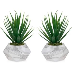 2 Adet Mermer Görünümlü Saksıda Yeşil Yapay Kaktüs Aloevera