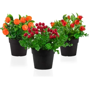 3’lü Set Siyah Mini Plastik Saksıda Yapay Mandalina, Kokina ve Nar Çiçeği