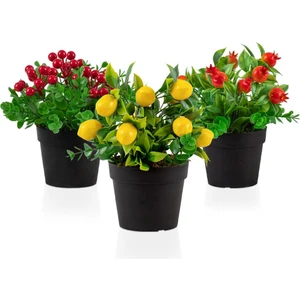 3’lü Set Siyah Mini Plastik Saksıda Yapay Kokina, Limon ve Nar Çiçeği