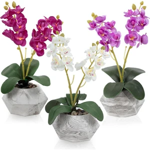 3'lü Set Mermer Görünümlü Saksıda Yapay Orkide