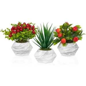 3’lü Set Mermer Görünümlü Saksıda Yapay Bitkiler Kokina Nar Aloevera