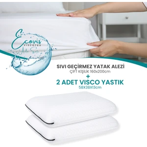 Ecovis Viscotex Aile Seti, 2'li Visco Yastık 58X38X13 cm ve Sıvı Geçirmez Çift Kişilik Yatak Fitted Alez 160X200 Cm, Beyaz