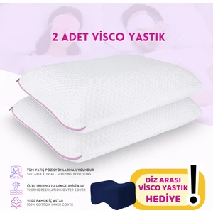 2'li Set Visco Hava Kanallı Ortopedik Yastık, 60X40X14CM, Beyaz-Pembe