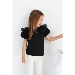 Parla Kids Kız Çocuk Siyah Bisiklet Yaka Dantelli Kısa Kol 23 Nisan Bluz Gömlek Abiye