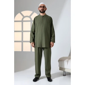 İhvan Online Erkek Tek Cepli Hakim Yaka Gömlek Pantolon Keten Ikili Takım Hac Umre Kıyafeti - Haki