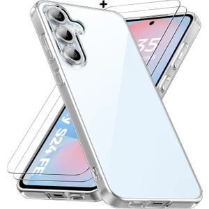 M.TK Moveteck Samsung Galaxy S24 Fe Kılıf Kamera Çıkıntılı Korumalı Yumuşak Şeffaf Silikon + 9h Ekran Koruyucu Cam