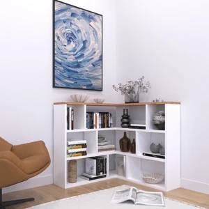 Asya Dekoratif, 12 Raflı, Köşe Kitaplık, Atlantik Çam - Beyaz