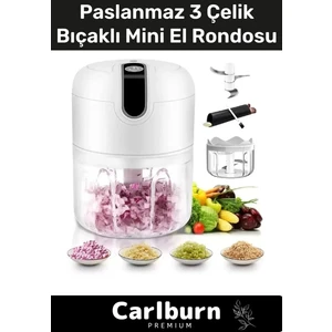 Premium Paslanmaz 3 Bıçaklı Kolay Hızlı Sebze Meyve Sarımsak Pratik Sarjlı Ae1 Mini El Rondosu 250 ml