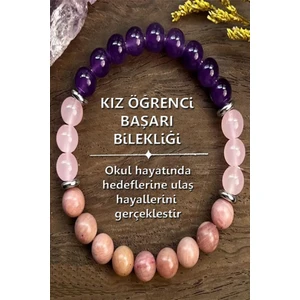 Sertifikalı   Doğal Taş Kız Öğrenci Başarı Bilekliği 8 mm ( Ametist - Pembe Kuvars - Rodonit )