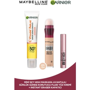 Maybelline New York Instant Anti Age Eraser Kapatıcı 01 Light + C Vitamini Parlak Günlük Güneş Koruyucu Fluid Yüz Kremi Işıltılı Doku + Mini Sky High Maskara