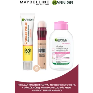 Maybelline New York Instant Anti Age Eraser Kapatıcı 01 Light +C Vitamini Parlak Günlük Güneş Koruyucu Fluid Yüz Kremi Işıltılı Doku + Micellar Kusursuz Makyaj Temizleme Suyu 100 ml