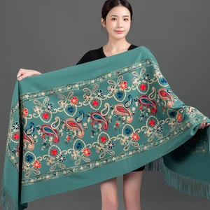 Sonbahar ve Kış Işlemeli Çiçek Kaşmir Şal Etnik Stil Eşarp (Yurt Dışından)