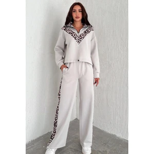 Kadın Scuba Kumaş Leopar Desen Şeritli Önü Yarım Fermuarlı Sweatshirt Bol Paça Eşofman Takım