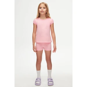 Pembe Basic Kız Çocuk Sıfır Yaka Karpuz Kol Tişört