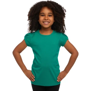 Koyu Yeşil Basic Kız Çocuk Sıfır Yaka Karpuz Kol Tişört