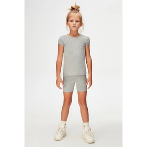 Gri Basic Kız Çocuk Sıfır Yaka Karpuz Kol Tişört