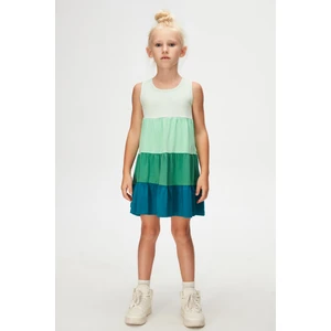 Soft Yeşil-Koyu Petrol Kat Kat Renkli Kız Çocuk Büzgülü Askılı Elbise