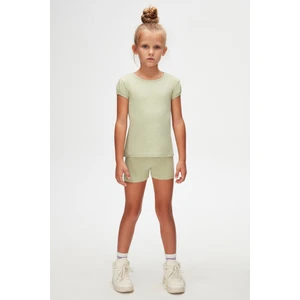 Açık Çağla Yeşil Basic Kız Çocuk Sıfır Yaka Karpuz Kol Tişört