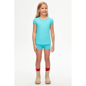 Açık Turkuaz Basic Kız Çocuk Sıfır Yaka Karpuz Kol Tişört