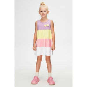 Lila Beyaz Kız Çocuk Renkli Büzgülü Askılı Elbise