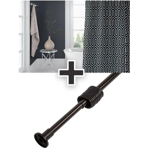 Tropik Home Polyester Kumaş Etnik Desen Siyah Banyo Perdesi Siyah Askı Aparatı Hediyeli C-Halkalı Duş Perdesi