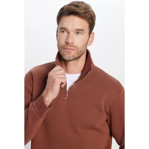 Relax Fit Rahat Kesim Pamuklu Içi Polarlı Yarım Fermuarlı Kahverengi Dik Yaka Sweatshirt