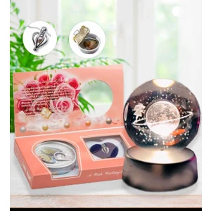 Satürn 3D Işıklı Kristal Küre & Istiridye Inci Kolye Hediye Seti