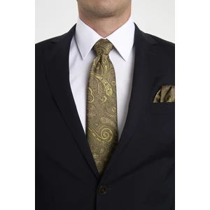 Hardal Şal Motif Desen Kravat Mendil Set