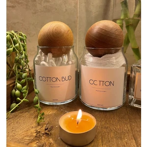 2’li Ahşap Kapaklı Cam Pamukluk Seti / Cotton- Cotton Bud