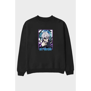 Satoru Gojo 3 Anime Ön Baskılı Siyah Oversize Sweatshirt Erkek Kadın Bisiklet Yaka