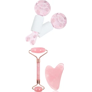 Ice Globes Buz Küresi Soğuk Masaj Terapi Topu 2 Adet ve Pembe Kuvars Face Roller ve Pembe Kuvars Kalp Gua Sha Seti