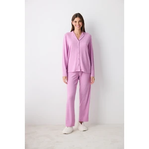 Mor Çizgili Lila Gömlek Pantolon Pijama Takımı