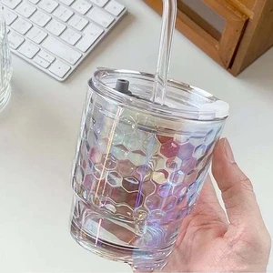 Isıya Dayanıklı Pipetli Borosilikat Gökkuşağı Stil Bardak - Gökkuşağı Kahve Sunum Bardağı - 1 Adet