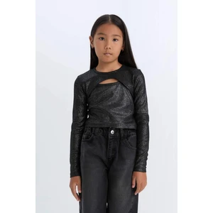 Kız Çocuk Slim Fit Dar Kesim Bisiklet Yaka Parlak Kumaş Fitilli Kaşkorse Uzun Kollu Tişört D5419A824WN