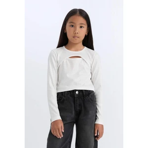 Kız Çocuk Slim Fit Dar Kesim Bisiklet Yaka Parlak Kumaş Fitilli Kaşkorse Uzun Kollu Tişört D5419A824WN