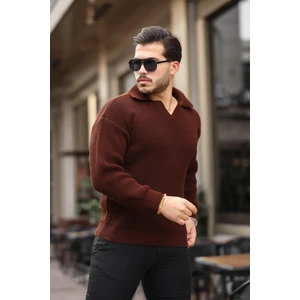 Oversize Gömlek Polo Yaka Selanik Örgülü Erkek Triko Kazak - Kahve