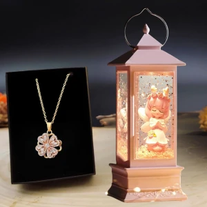 Bir Dilek Tut Dilek Perisi Işıklı Özel Tasarım Kar Küresi & Zirkon Taşlı Hareketli Dönen Yonca Kolye