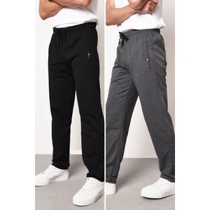 Metalıc Siyah-Antrasit Erkek Fermuar Cep Nakış Detaylı Düz Paça Rahat Kesim 2'li Eşofman Altı Paketi