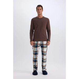 Regular Fit Pijama Takımı Bisiklet Yaka Uzun Kollu Üst Kareli Uzun Alt D8213AX24WN