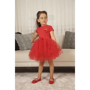 Tüllü Astarlı Esnek Kirazlı Kısa Kol Elbise