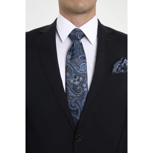 Lacivert Mavi Şal Motif Desen Kravat Mendil Set